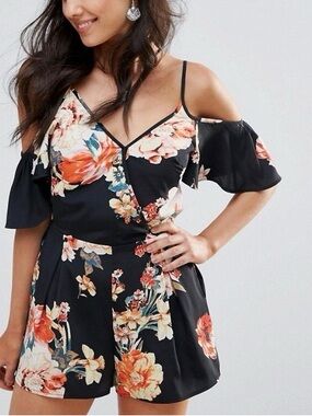 Band of Gypsies Black Floral Cold Shoulder Romper